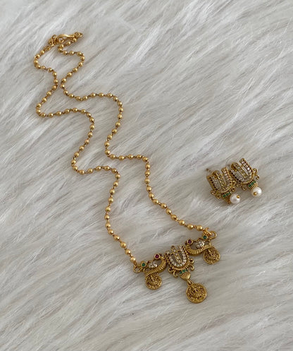 Antique gold tone 18 inches chain thirumal nama-peacock-lakshmi pendant set dj-55008