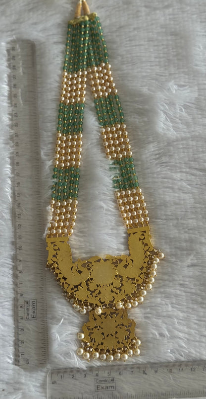 Matte finish pink-green-white kunan jadau agate peacock beaded haar dj-51553