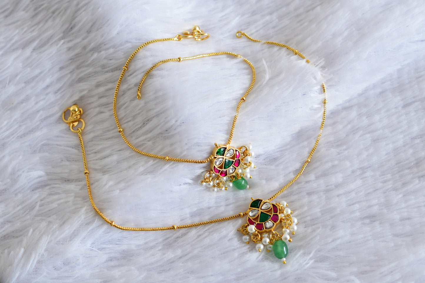 Gold tone pink-white-green kundan jadau anklets dj-52403