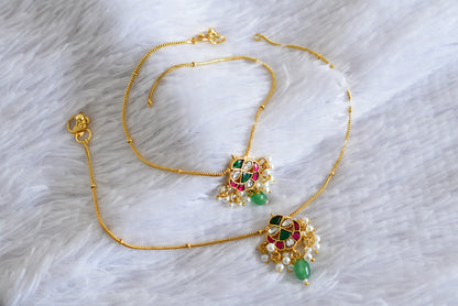 Gold tone pink-white-green kundan jadau anklets dj-52403