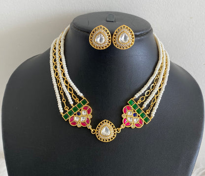 Gold tone kundan jadau pearl choker necklace set dj-54182