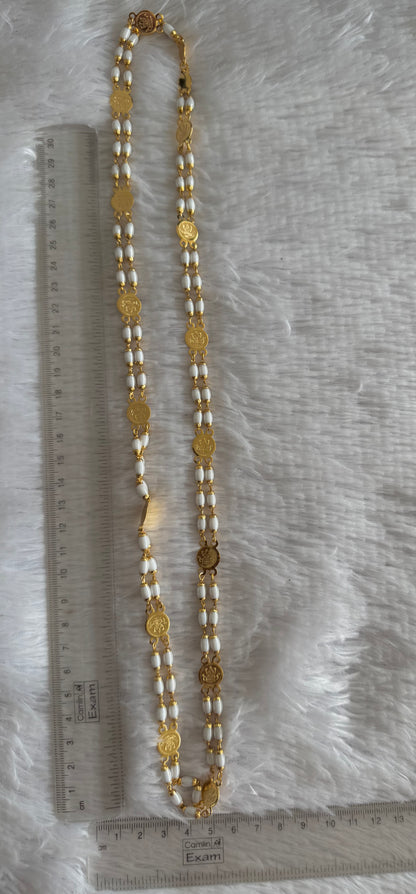 Gold tone 30 inches white beaded Lakshmi coin chain dj-51841