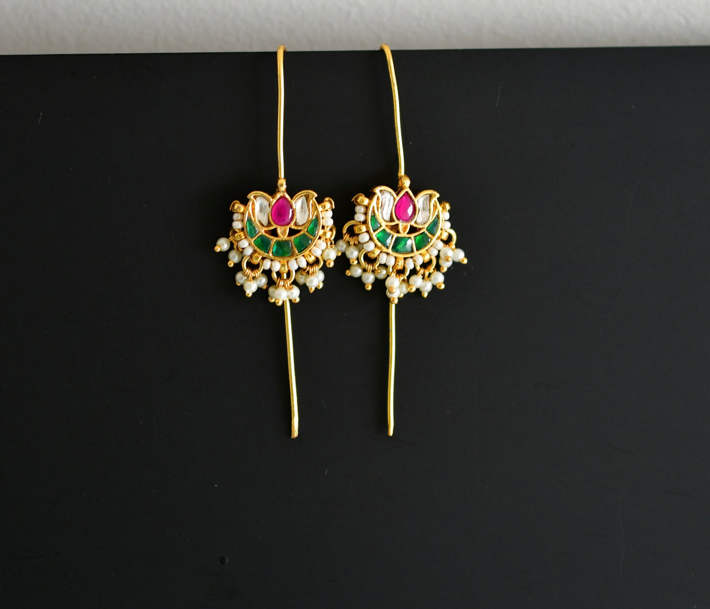 Gold tone pink-green-white kundan jadau lotus bugadi needle earrings dj-52453