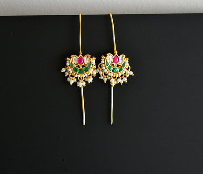 Gold tone pink-green-white kundan jadau lotus bugadi needle earrings dj-52453