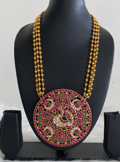 Antique gold tone big kundan jadau huge round peacock necklace dj-54516