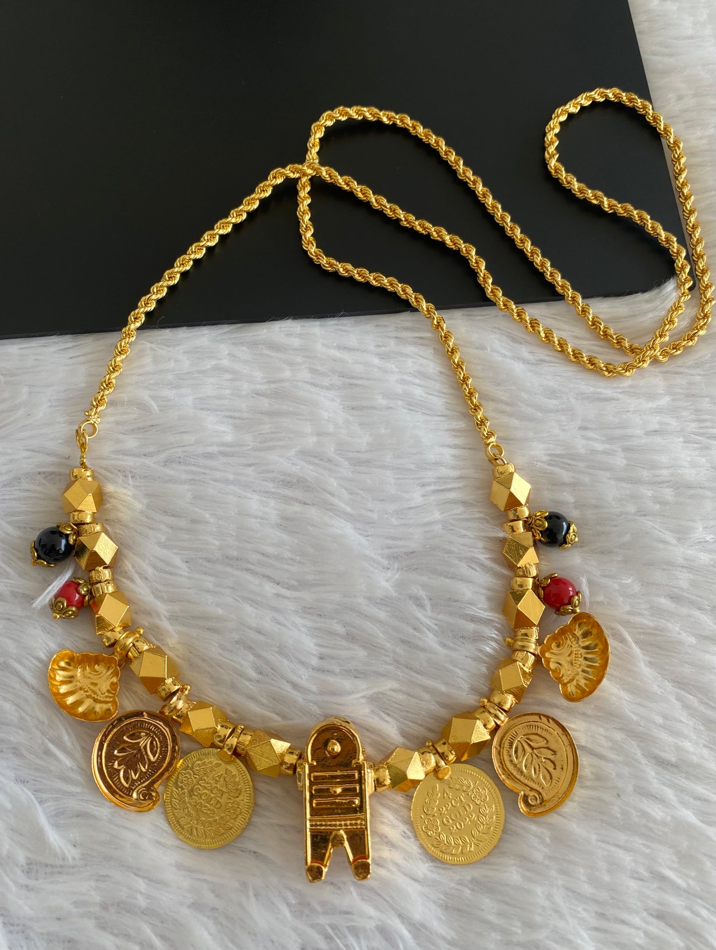 Gold tone coral-black beads mango lakshmi coin Shiva thiru mangalyam dj-52902