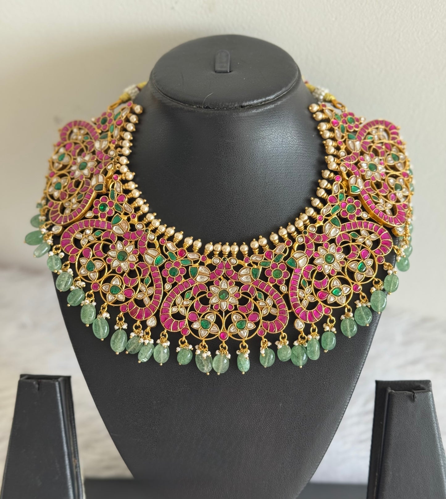 Gold tone pink-green-white kundan jadau peacock bold bridal necklace dj-51551