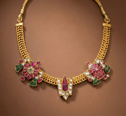 Antique gold tone jadau Shri Thirumal nama-shanku-chakra necklace dj-51549