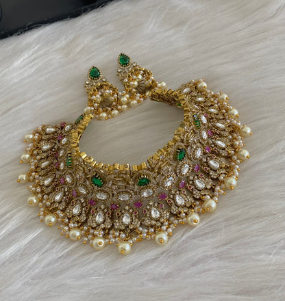 Antique gold tone peacock kundan pearl choker necklace set dj-54805
