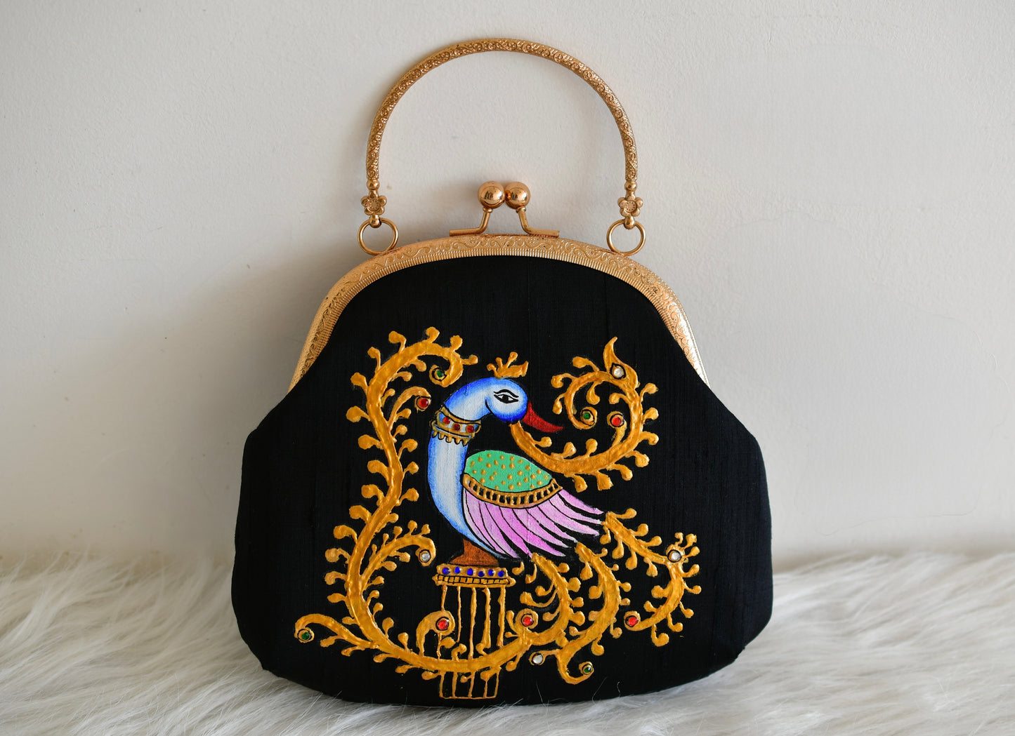Tanjore painted black silk clutch dj-52659