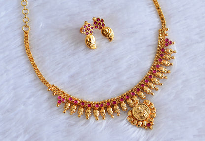 Gold tone pink stone lakshmi coin mango necklace set dj-53050