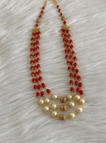 Antique gold tone multilayer coral-pearl beaded necklace dj-54981