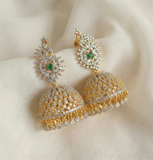 Two Tone Cz-emerald Peacock Big Jhumkka-dj17150