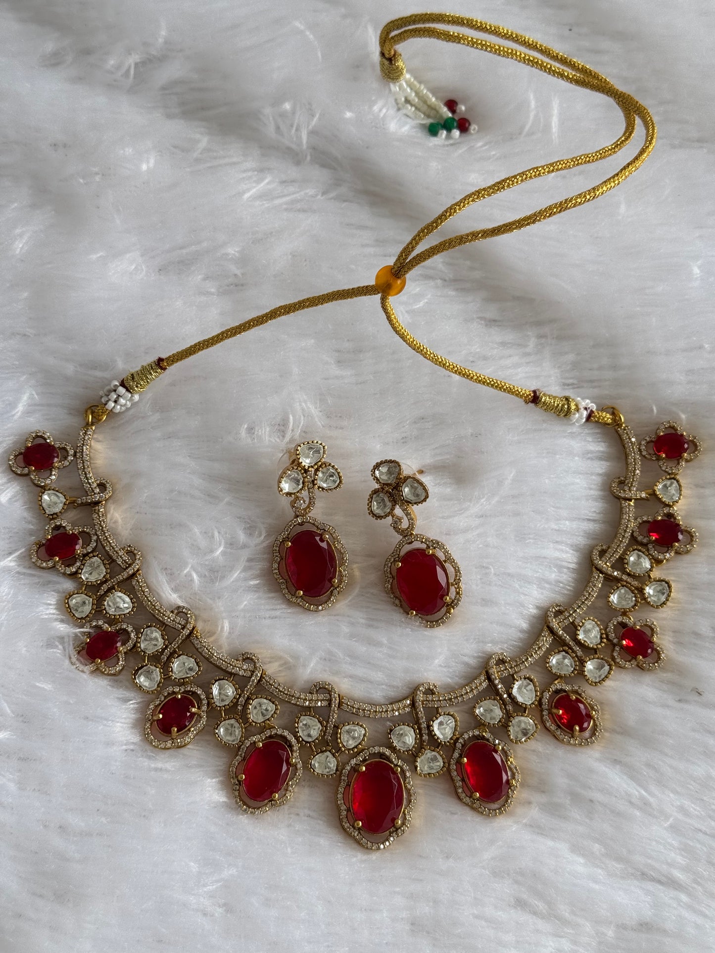Antique gold tone cz red moissanite necklace set dj-51072