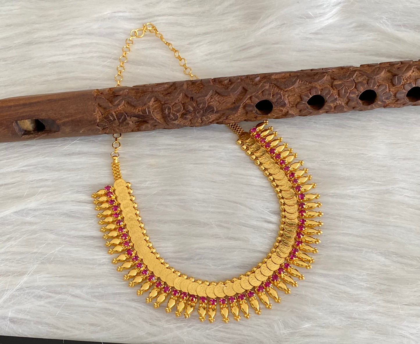 Gold tone kerala style pink stone lakshmi coin necklace dj-54135