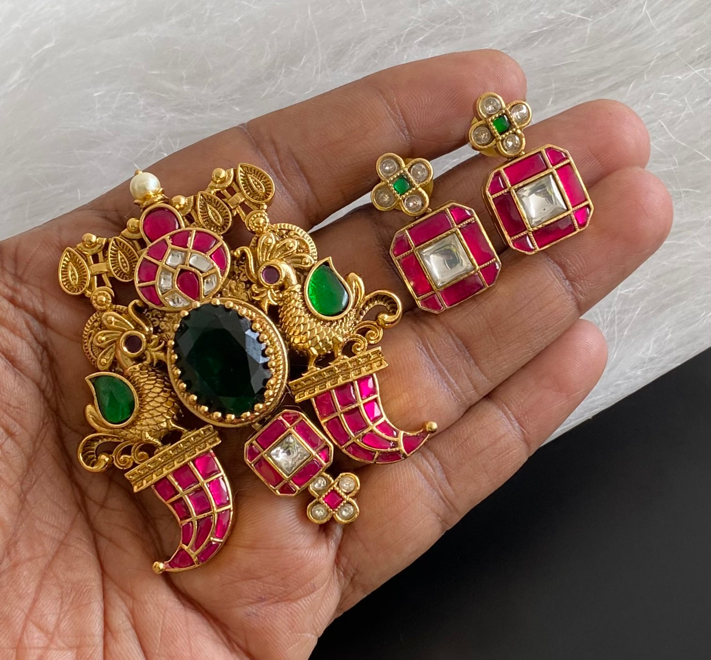 Antique gold tone pink-green-white kundan jadau peacock pendant set dj-54431