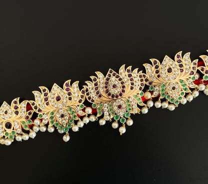 Gold tone precious kemp-green-white pearl lotus waist band dj-53377