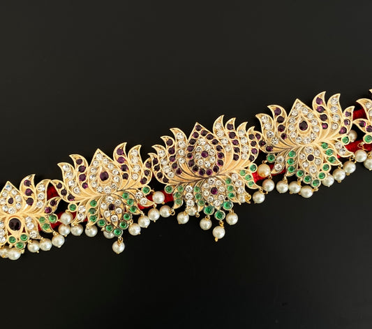 Gold tone precious kemp-green-white pearl lotus waist band dj-53377