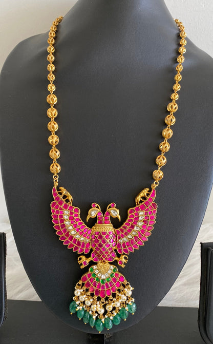 Gold tone pink-green-white kundan jadau gandaberunda reversible pendant,chain dj-53938