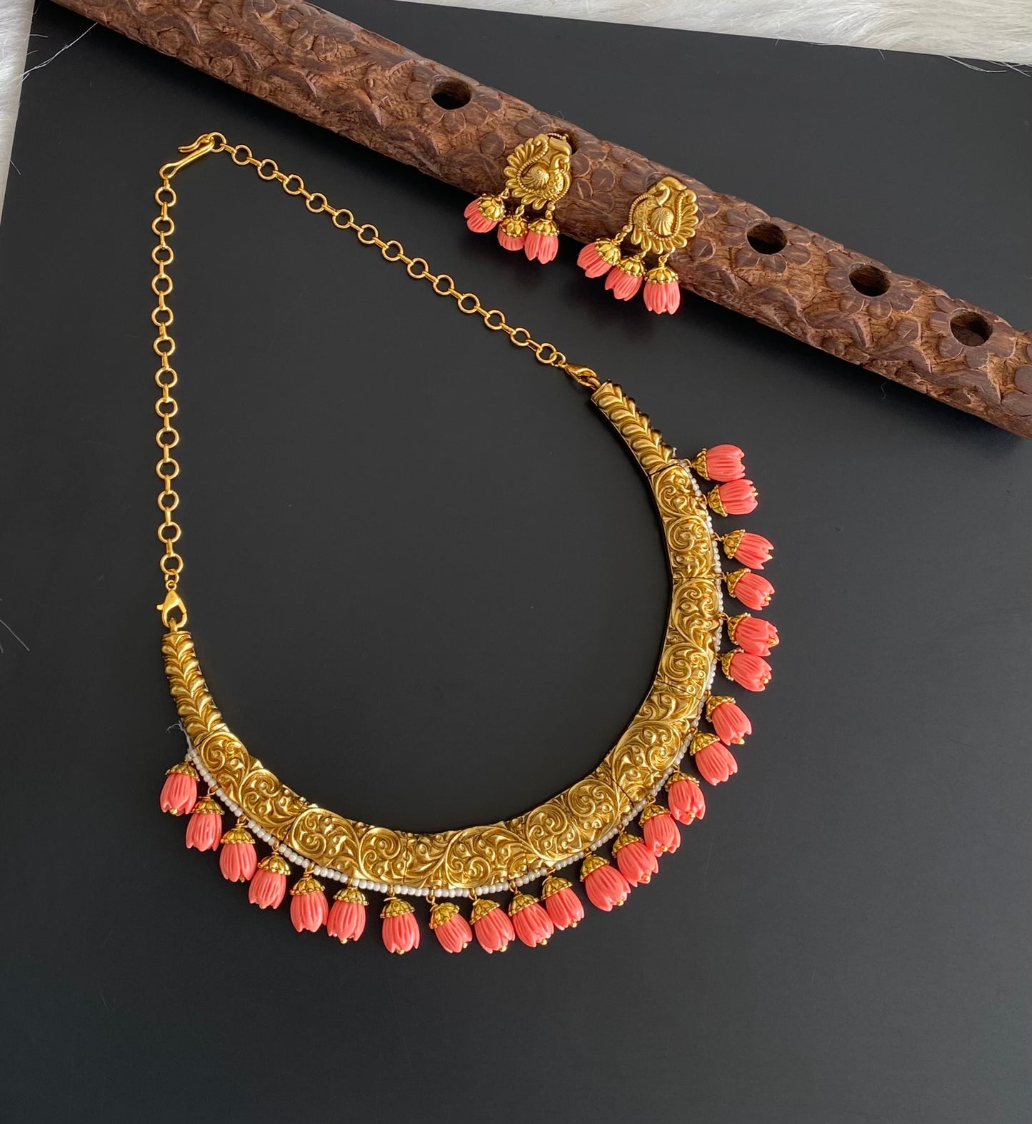 Antique gold tone pink tulip beaded kante necklace set dj-53962