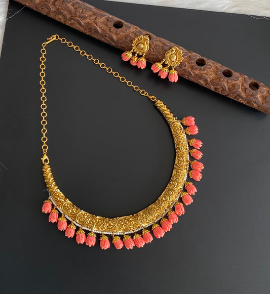 Antique gold tone pink tulip beaded kante necklace set dj-53962