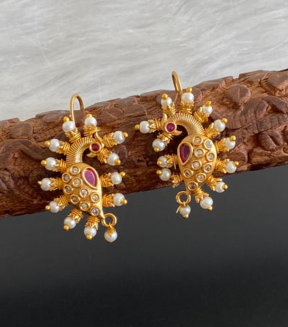Matte gold pink-white stone pearl peacock bugadi earrings dj-53672