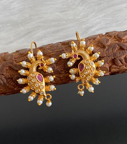Matte gold pink-white stone pearl peacock bugadi earrings dj-53672