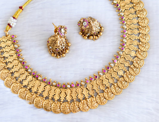 Antique gold tone pink-white lakshmi coin necklace set dj-53012