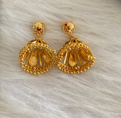 Gold tone kerala style ruby-blue nagapadam jhumkka dj-53828