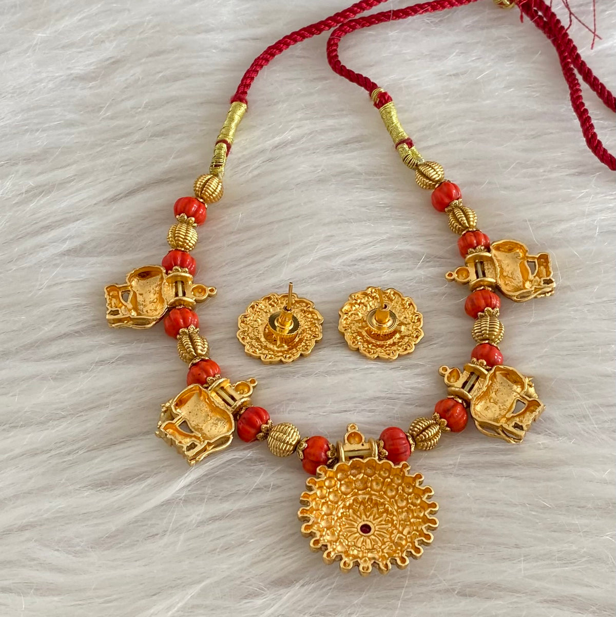 Antique gold tone coral pumpkin beaded kamadhenu necklace set dj-54957