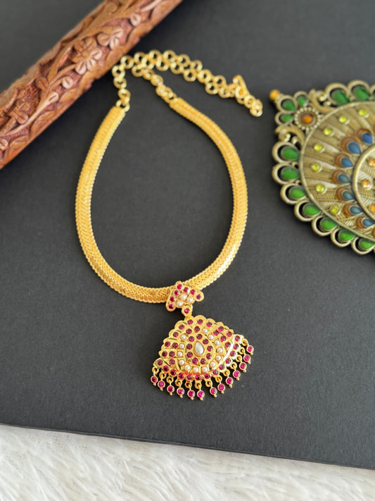 Gold tone South Indian style pink-pearl attigai/necklace dj-52214