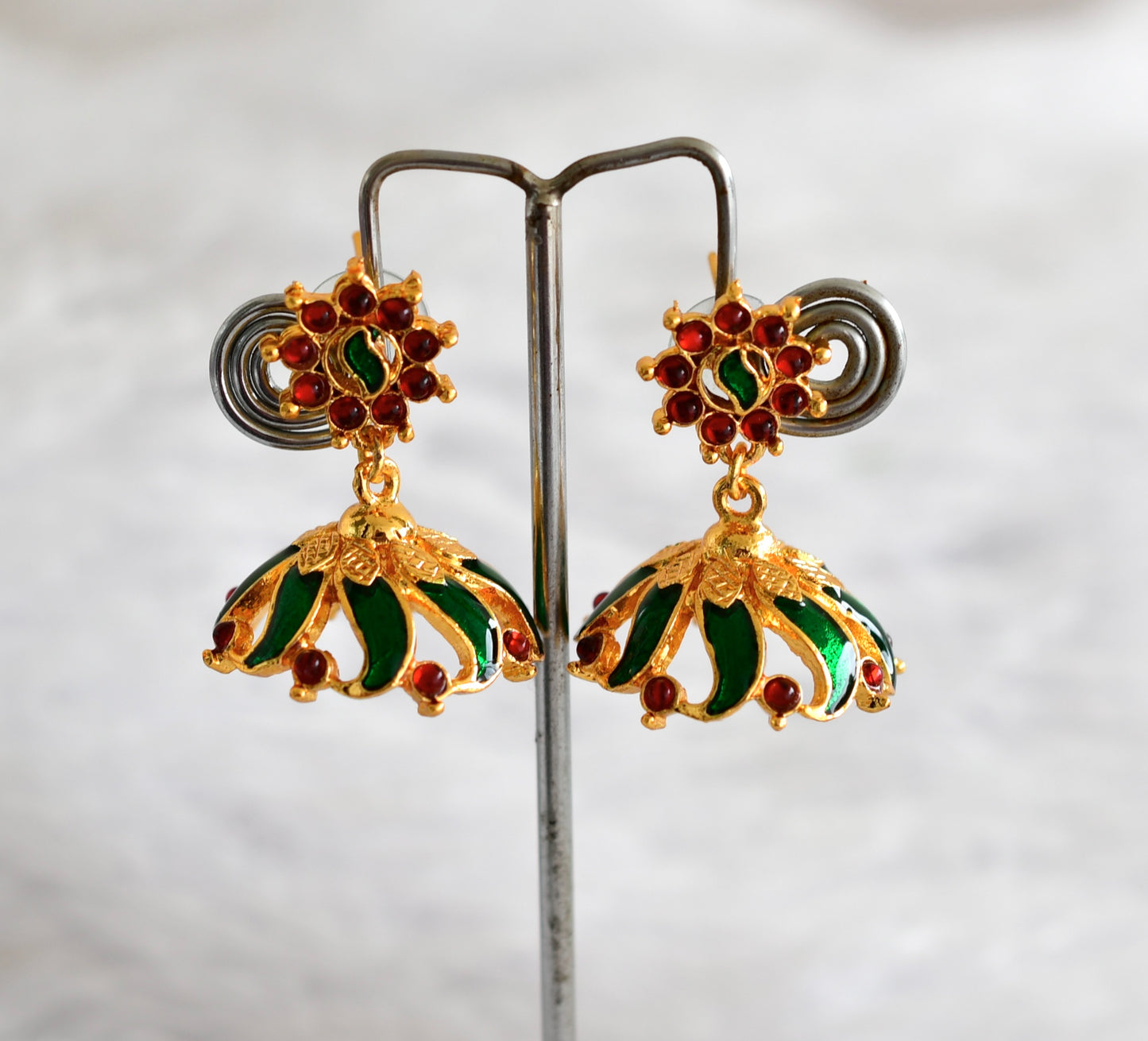Gold tone maroon-green flower enamel jhumkka dj-52364