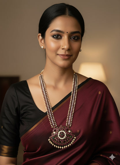 Black finish precious kemp-green-white pearl bead peacock haar dj-50444