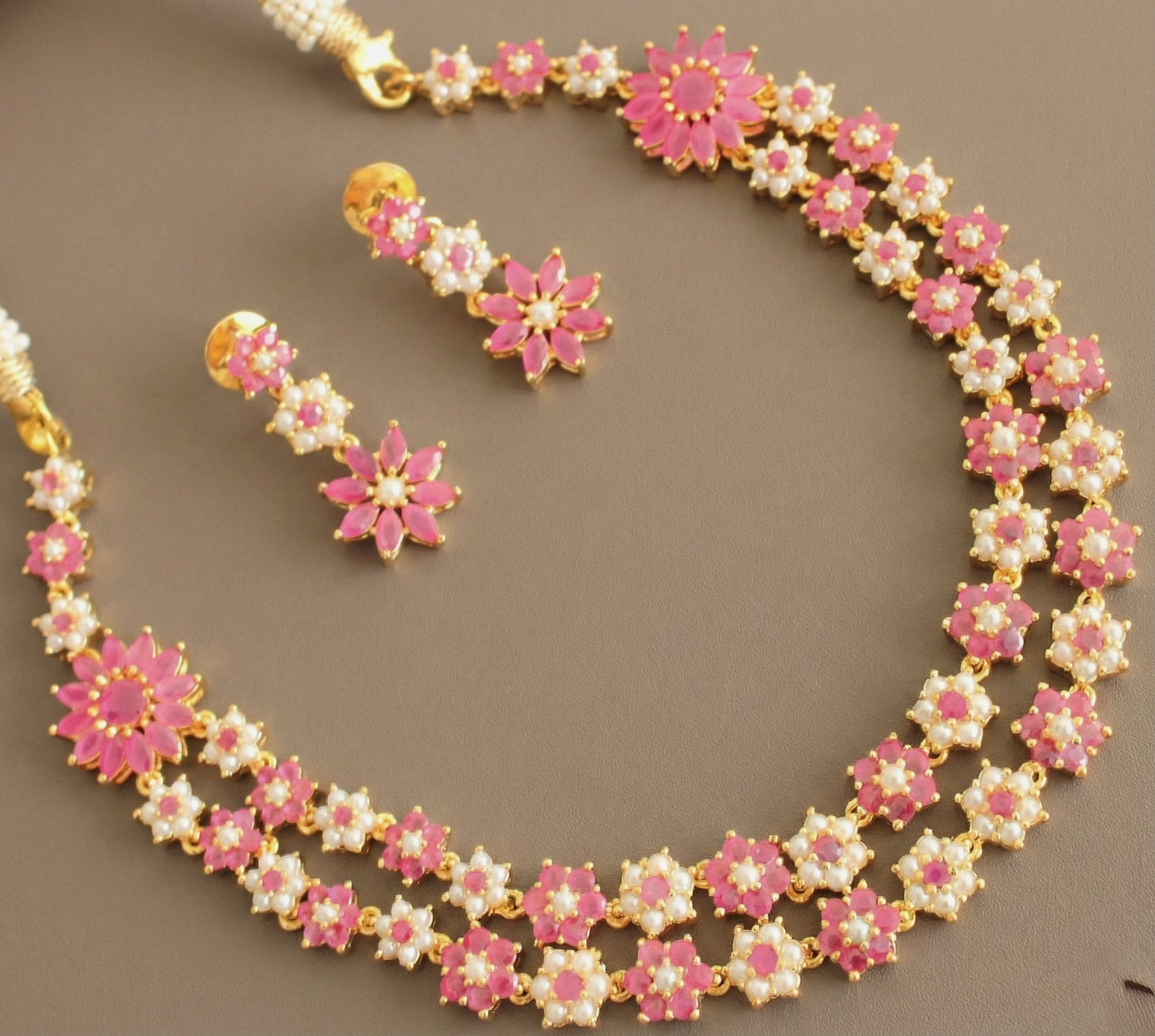 Gold tone Ruby-white-pearl Nakshatra Double layer Necklace Set DJ24449