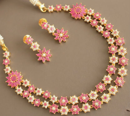 Gold tone Ruby-white-pearl Nakshatra Double layer Necklace Set DJ24449