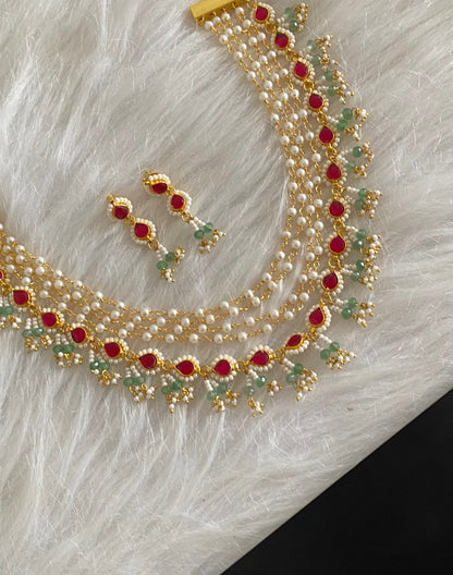 Gold tone kundan jadau pearl multi layer necklace set dj-54506