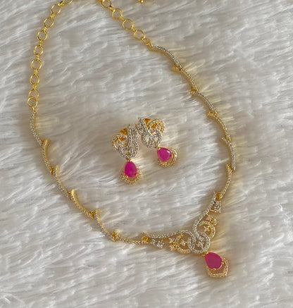 Two tone cz white-ruby stone necklace set dj-54344
