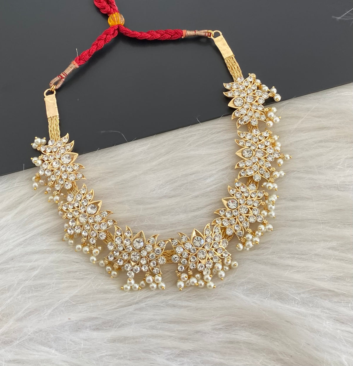 Gold tone AD white stone pearl lotus necklace dj-54674