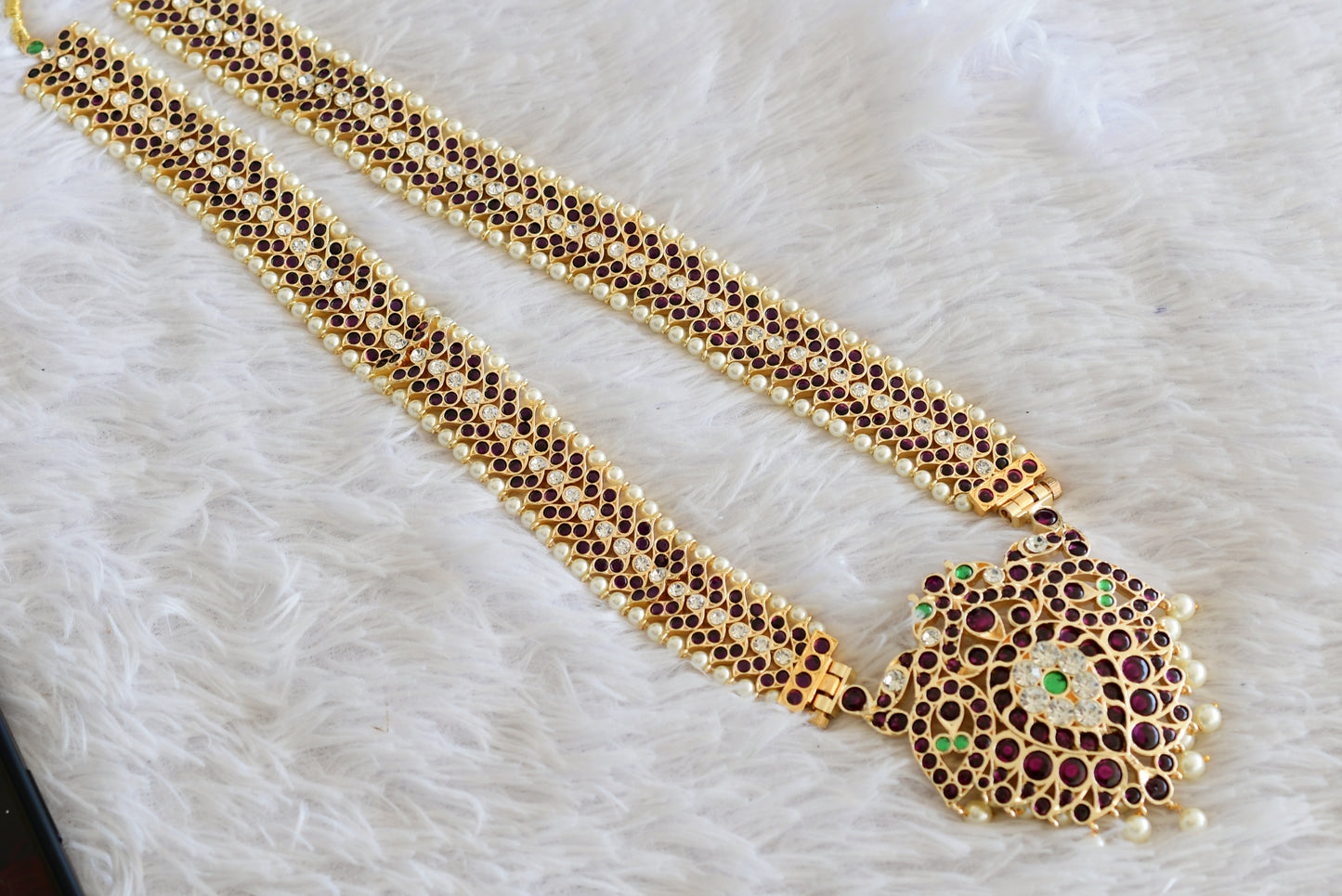 Gold tone precious kemp-green white pearl peacock haar Dj-52527