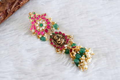 Gold tone pink-green kundan jadau Lakshmi hair jewel dj-52379