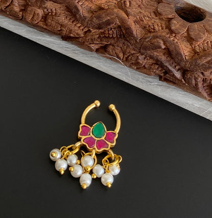 Gold tone kundan jadau pink-green stone pearl flower nose pin/bulakku dj-53793