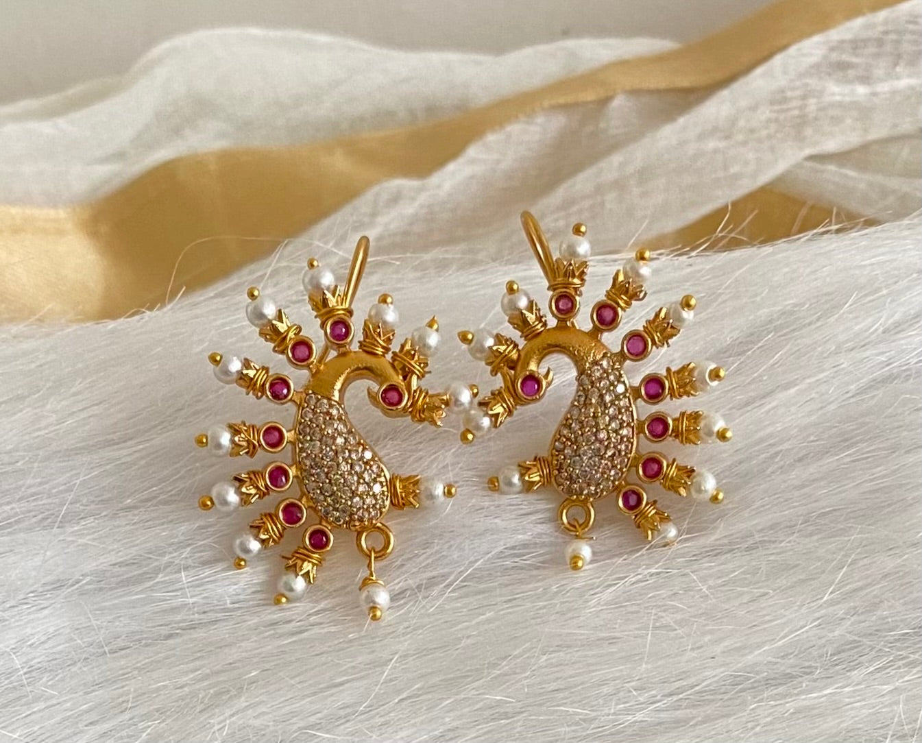 Matte gold white-pink stone pearl peacock bugadi earrings dj-53668