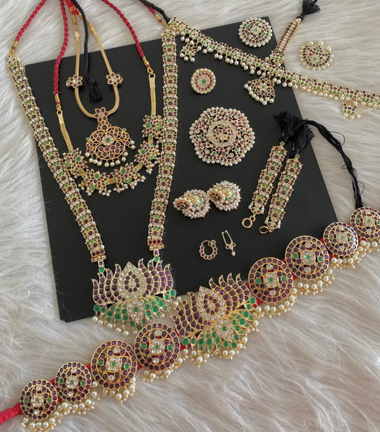 Gold tone precious kemp-green-white pearl lotus bridal set dj-53964