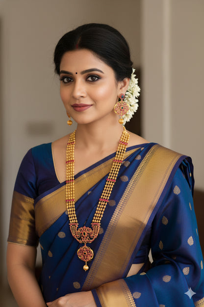 Gold tone ruby-blue beaded peacock haar set dj-51949