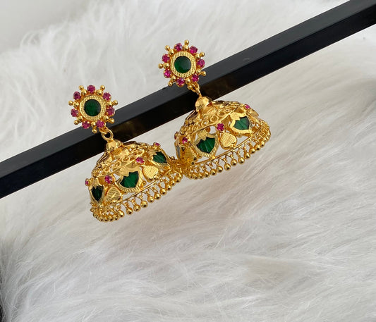 Gold tone kerala style pink-green 6 petal palakka jhumkka dj-54537