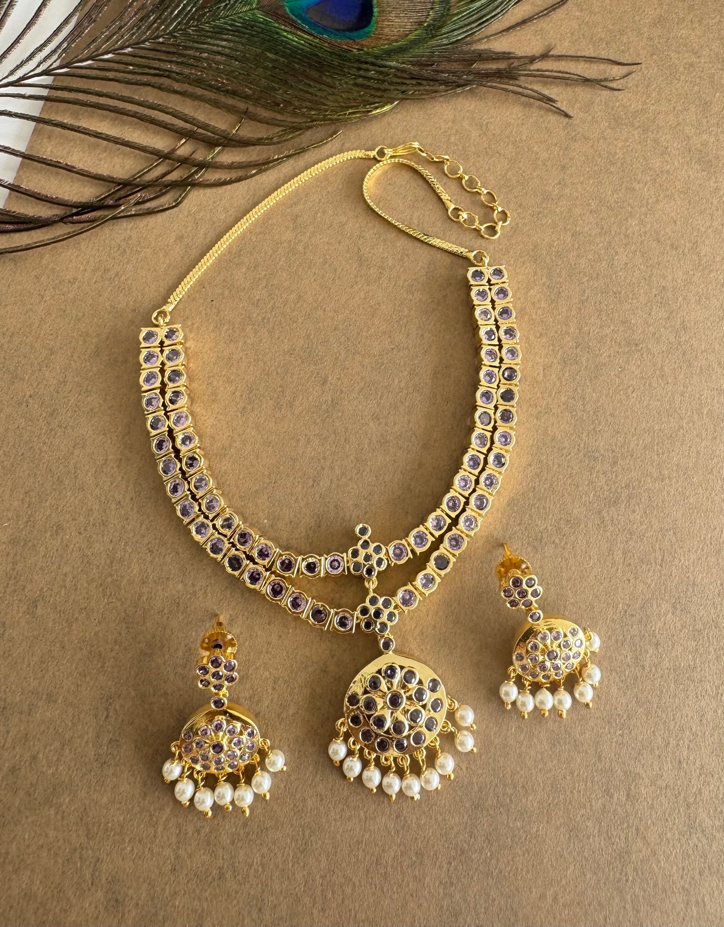 Gold tone AD purple south indian style double layer necklace set dj-51671