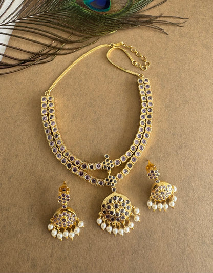 Gold tone AD purple south indian style double layer necklace set dj-51671