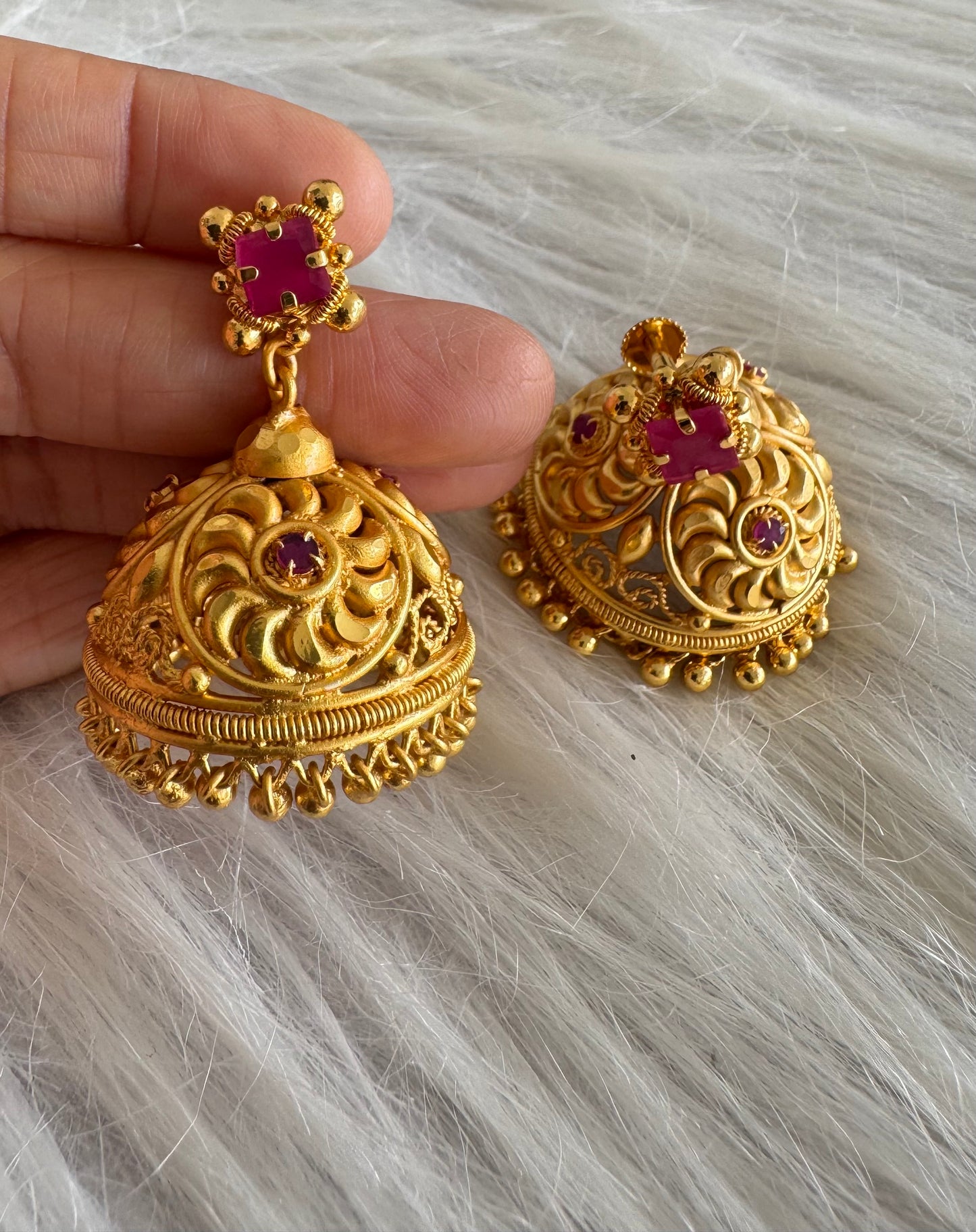 Gold tone pink Kerala style flower jhumkka dj-51356