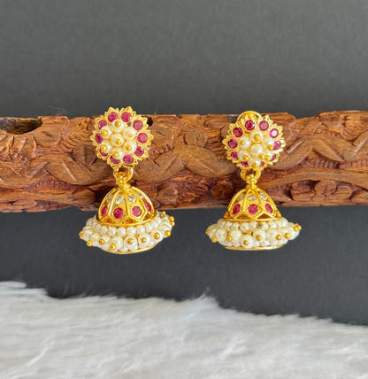 Gold tone ad pink-white stone pearl jhumkka dj-46016