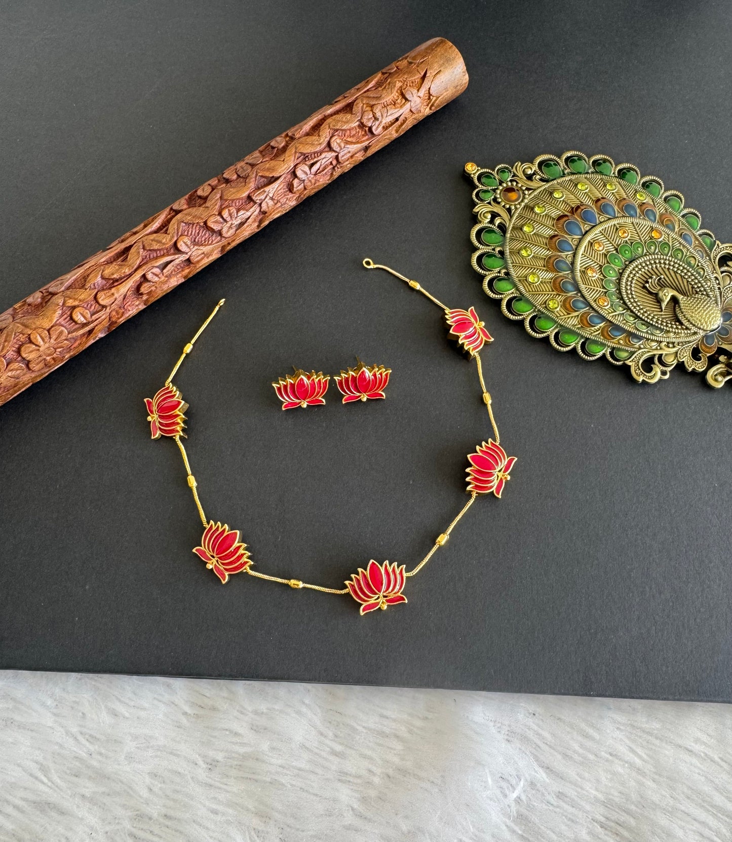 Matte finish pink lotus enamel necklace set dj-52111